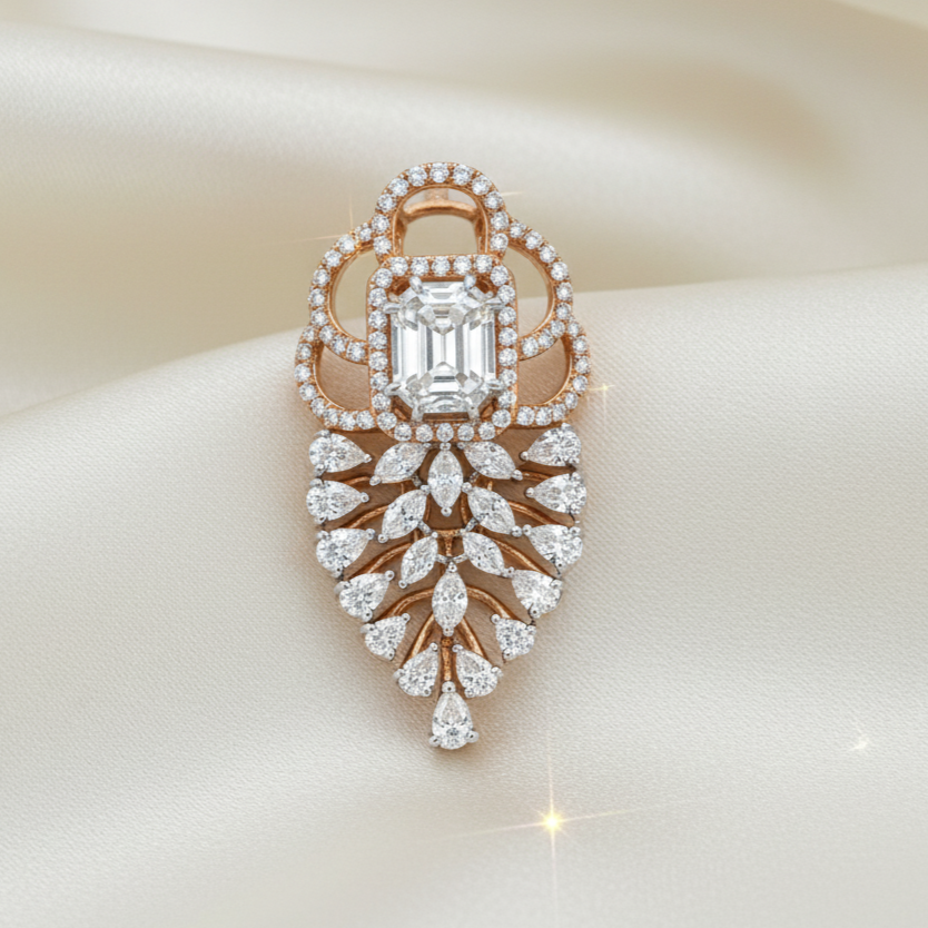 Royale Diamonds – Modern Leaf Motif Natural Diamond Pendant with Emerald-Cut Illusion Center in 18K Rose Gold (1.64 cts)