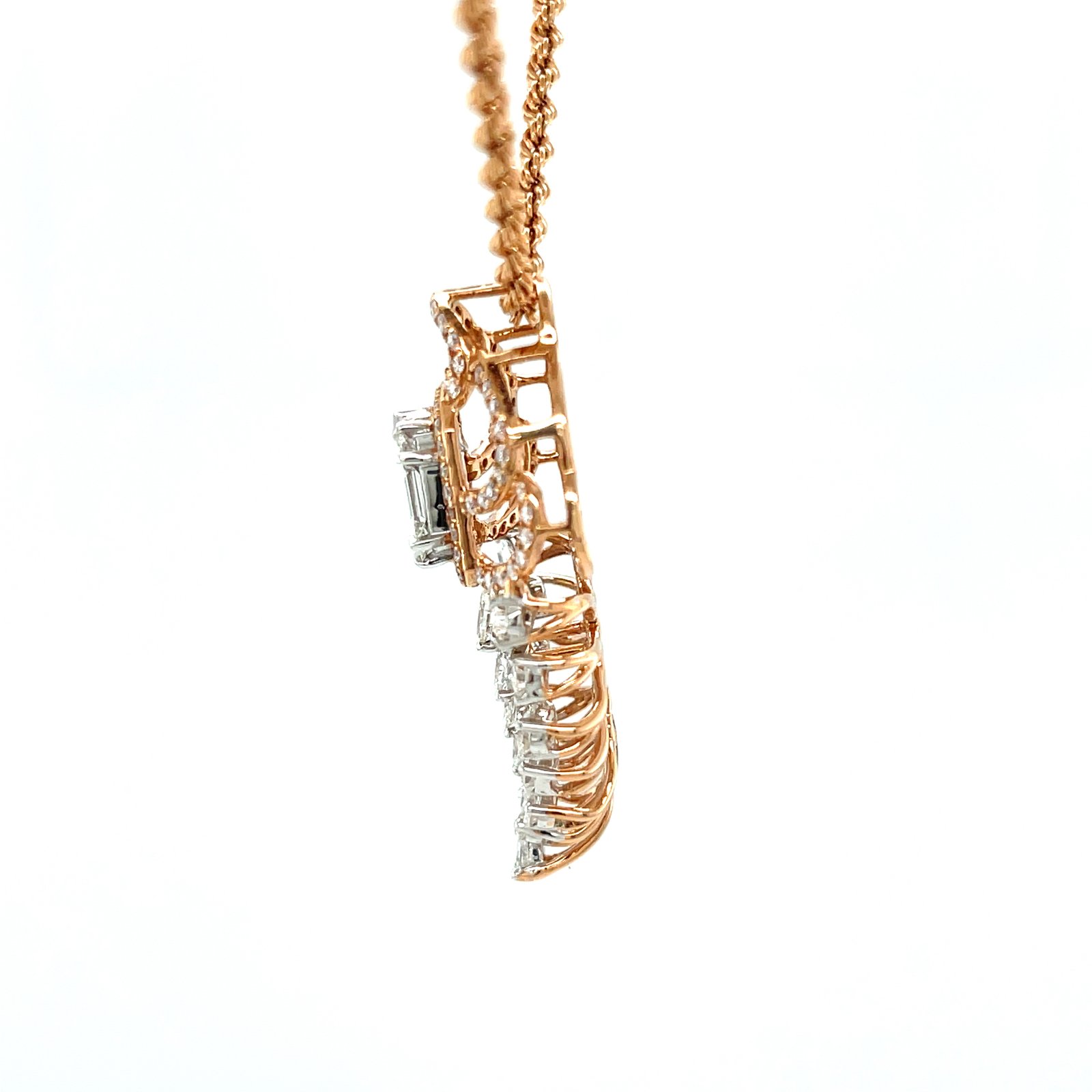 Royale Diamonds – Modern Leaf Motif Natural Diamond Pendant with Emerald-Cut Illusion Center in 18K Rose Gold (1.64 cts)