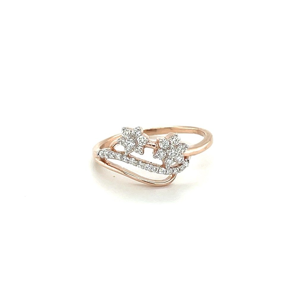 Curved Band Double Diamond Flower Ring in 14k Rose Gold