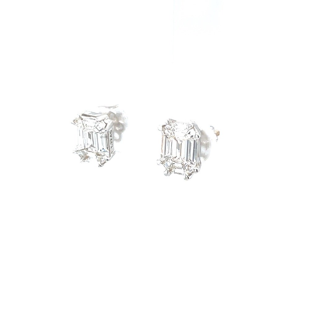 Emerald cut pressure set solitaire studs in white gold 0top43