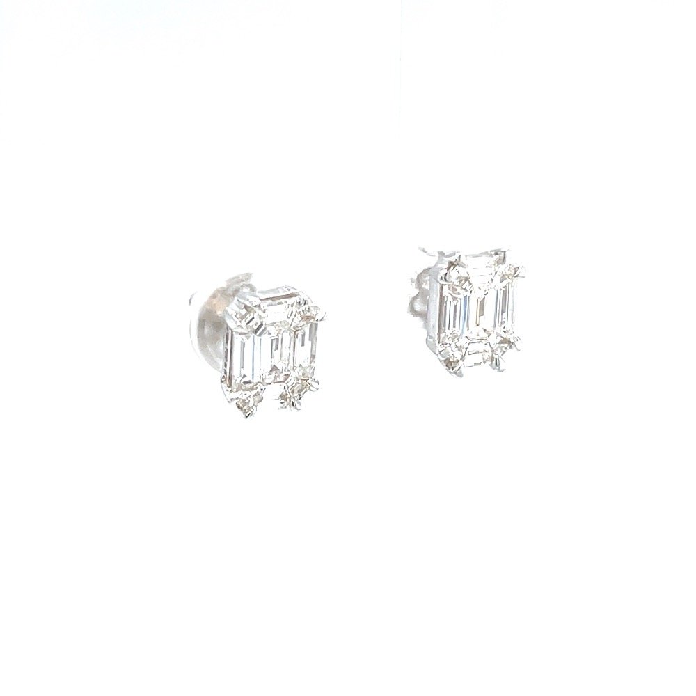 Emerald cut pressure set solitaire studs in white gold 0top43